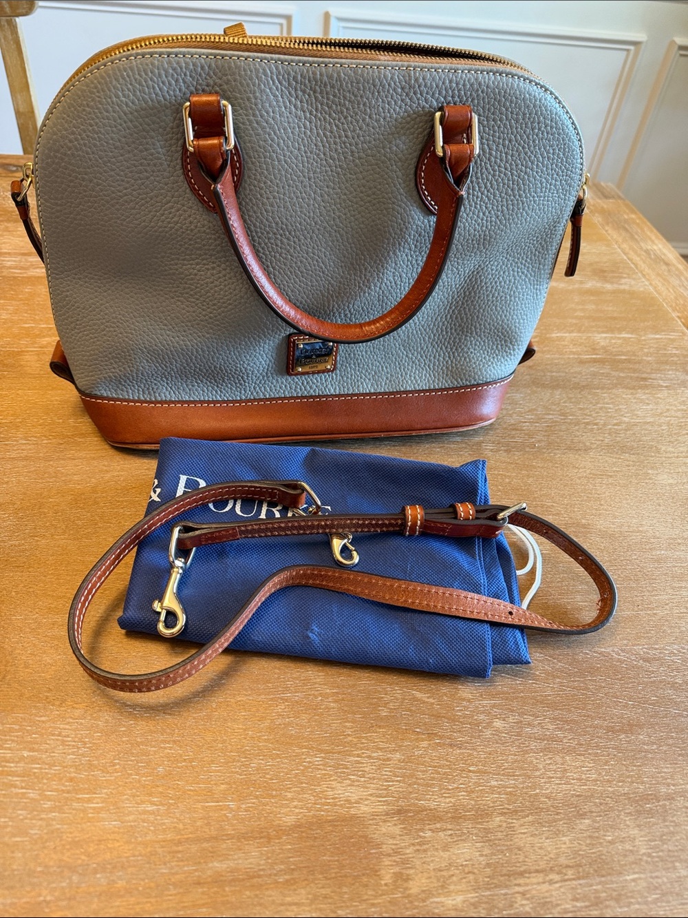 Dooney & Bourke Grey Pebbled Leather Satchel with Brown Trim - Picture 5 of 7